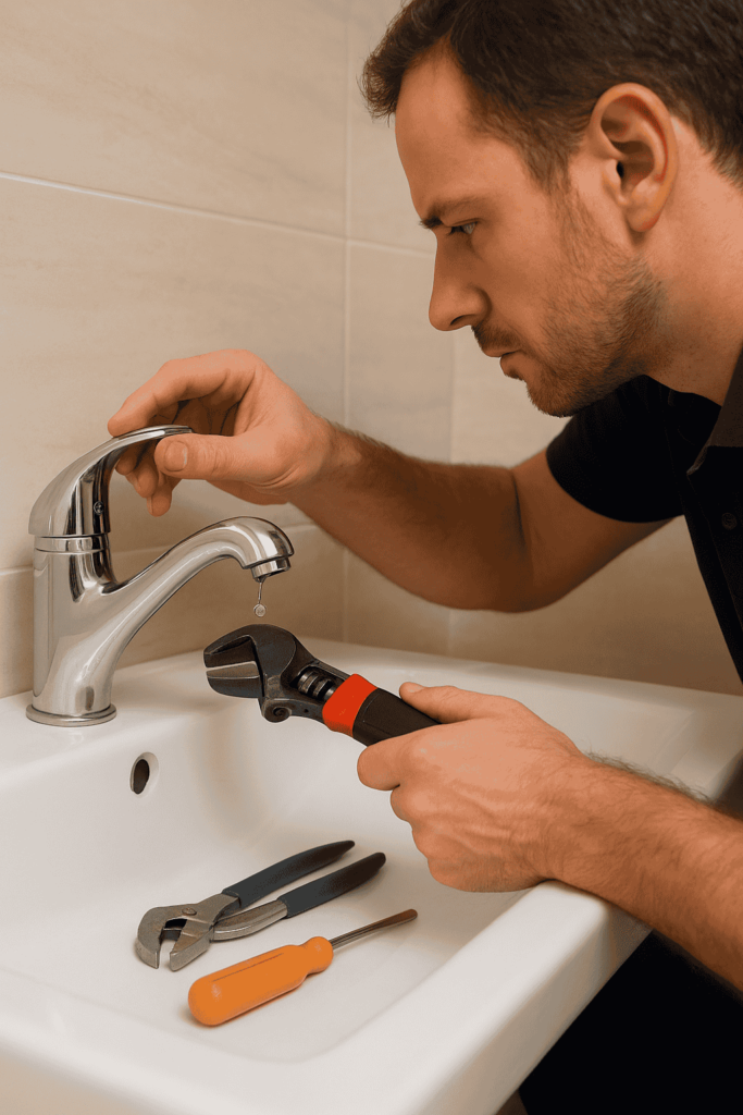 Fontanero en reparación de un grifo de lavabo