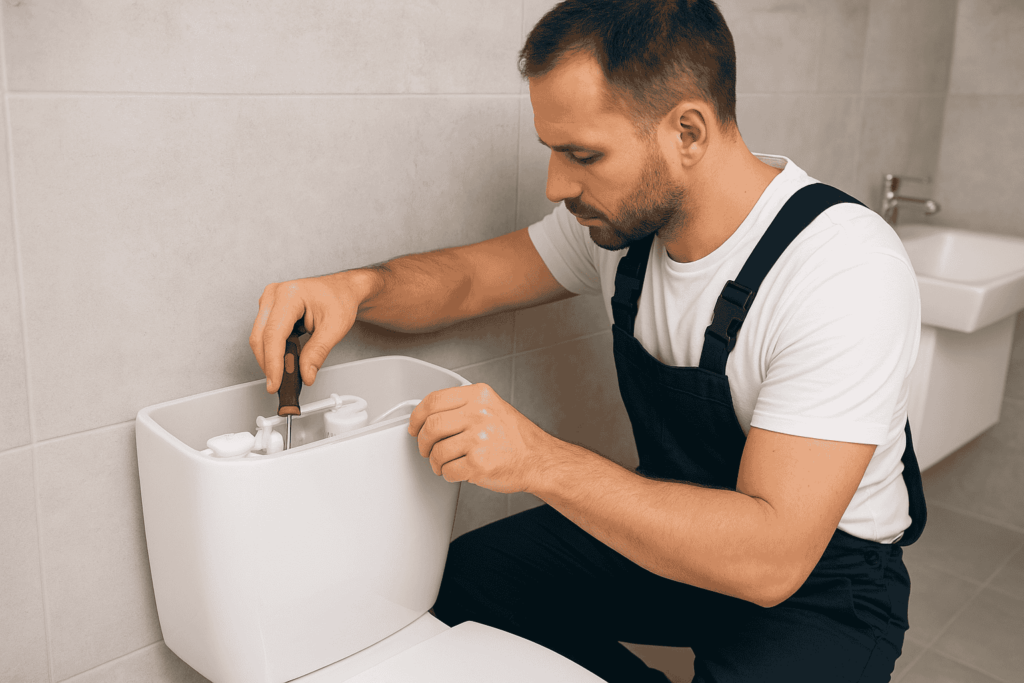 Fontanero ajustando el mecanismo de una cisterna para reparar una fuga de agua