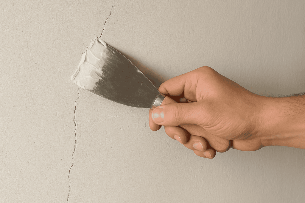 Manos aplicando masilla en una grieta de pared antes de pintar